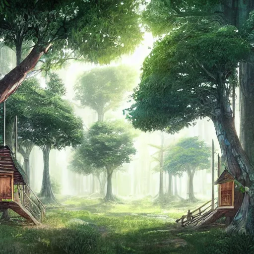 Image similar to concept art painting of treehouses made out of trees, walkways between trees, trees with doors and windows in a deep forest, realistic, detailed, cel shaded, in the style of makoto shinkai and greg rutkowski and james gurney