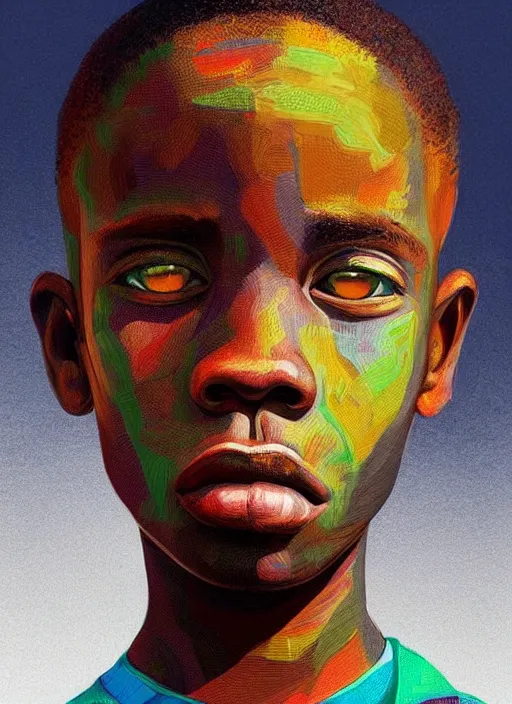 Prompt: colourful upper half portrait of an african boy, highly detailed, digital painting, illustration, smooth, sharp focus, intricate, symmetry, pinterest, behance, artstation