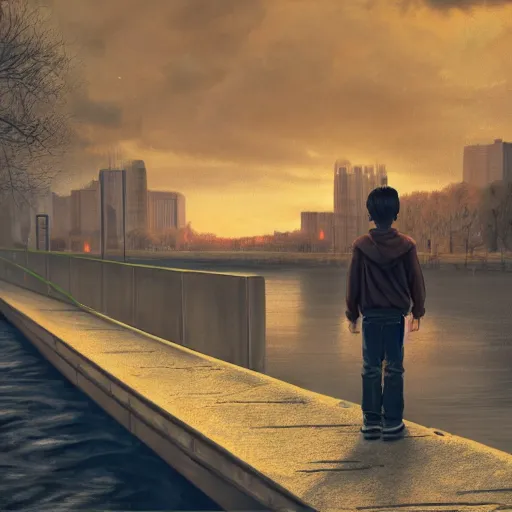 Prompt: a lonely boy on a city bridge looking to the river at night, digital painting, masterpiece, digital art, hyperrealistic, concept art, octane render, unreal engine 5, trending on deviantart, sad atmosphere, centered, anatomically correct, oil painting, high contrast, serene scenery, loneliness