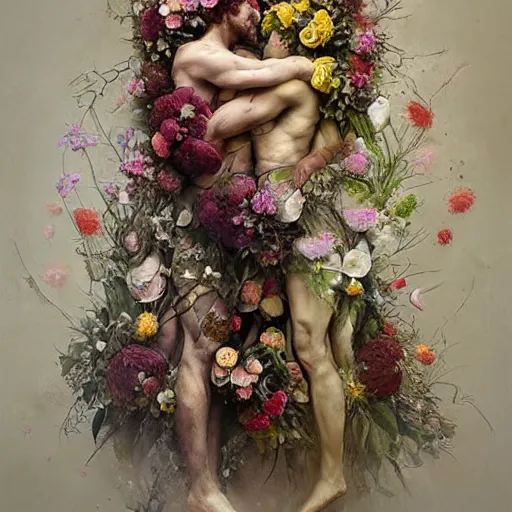 Prompt: two bodies entwined, covered by flowers, by arcimboldo, greg rutkowski