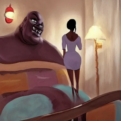 Image similar to stunning, coherent, beautiful painting, still of a creepy man following a beautiful black bbw woman into her bedroom , she is taking a selfie of the creepy man is following her, 3d, in the style of pixar, comic book style, 3d, highly detailed, highly detailed, sharp focus, bokeh, depth of field, 16k resolution, Unreal Engine 5, coherent, cinematic lighting, photorealistic, by Zhang Jingna