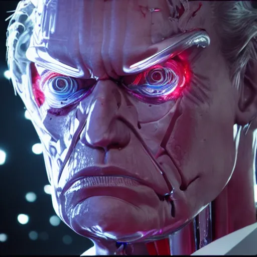 Image similar to donald trump as the terminator full body detailed, ethereal, cyborg biomechanics, covered in blood diamonds and other gems glowing, highly detailed face, evil posed, evil expression, intricate, extremy detailed, beeple, cgsociety, 3 d unreal engine octane render. cinematic lighting, highly detailed 4 k art