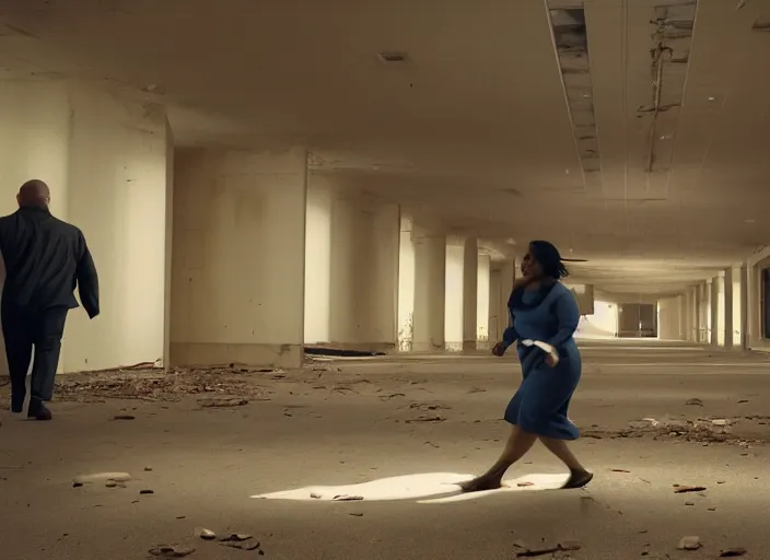 Prompt: cinematic shot of octavia spencer being chased by a bald man with glasses in an defunct abandoned mall, iconic scene from the paranoid thriller sci fi film directed by stanley kubrick, 2 4 mm anamorphic lens, moody strange cinematography, beautiful composition, color theory, leading lines, photorealistic, highly detailed scene moody lighting