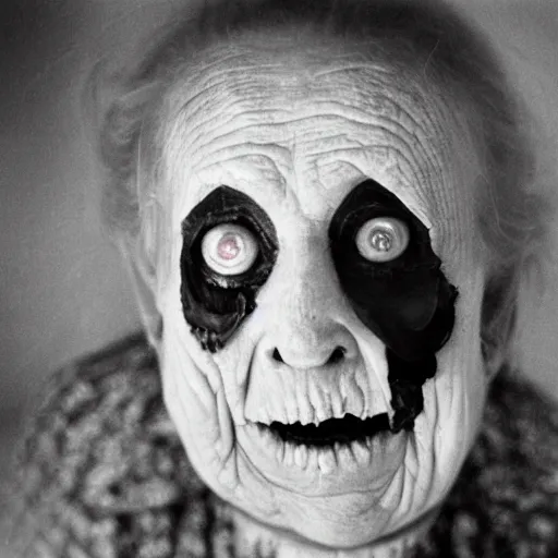 Prompt: old photo of a scary grandma, horror, hugh quality face, b/w tv