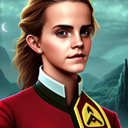 Image similar to portrait of Emma Watson wearing his starfleet captains uniform, looking at camera, D&D, intricate, elegant, stylish, cute smile, mouth slightly open, fantasy, extremely detailed, digital painting, artstation, concept art, smooth, sharp focus, illustration, stunning lighting, art by artgerm and greg rutkowski and alphonse mucha and simon stalenhag, realistic character concept, high fantasy, light atmosphere, golden ratio, cinematic lighting, hyperdetailed, high resolution, insanely detailed and intricate, artstation, Marc Simonetti, Greg Rutkowski