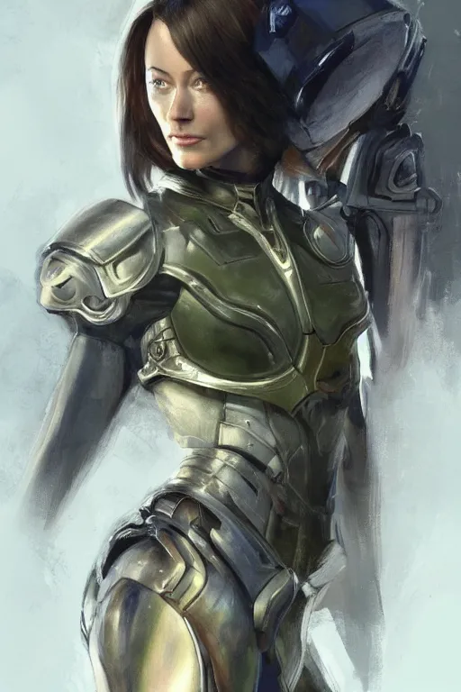 Image similar to a professional painting of a young Olivia Wilde, clothes in military armor, olive skin, long dark hair, beautiful bone structure, symmetrical facial features, intricate, elegant, digital painting, concept art, smooth, sharp focus, illustration, from StarCraft by Ruan Jia and Mandy Jurgens and Artgerm and William-Adolphe Bouguerea