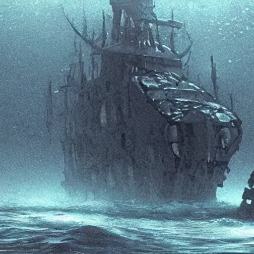 Image similar to an old ship on the bottom of the ocean that sunk long ago. mysterious, intimidating, haunted. horror movie screencap. epic. trending on artstation