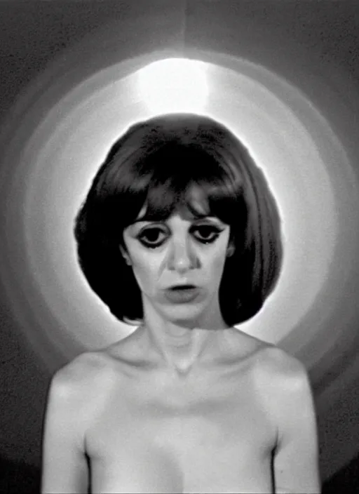 Image similar to a film still from a 1971 an Italian experimental independent comedy film of a slender rich young telenovela actress with bipolar disorder looking at the camera from across multiple alternating mirrors while in a swirling alternate reality. dark shadows under her tired eyes. soft detailed film still at 16K resolution and amazingly epic visuals. epically beautiful image. amazing lighting effect, image looks gorgeously crisp as far as it's visual fidelity goes, absolutely outstanding image. perfect film clarity. ultra image detail. iridescent image lighting. mind-breaking atmosphere. mega-beautiful pencil image shadowing. beautifully serene face. Ultra High Definition image. soft image shading. soft image texture. intensely beautiful image.