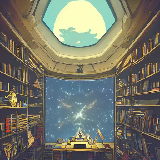 Image similar to Interior of an observatory, Blue light, Telescope, Shelves of books, Cluttered with Star maps, charts and tools, Dramatic lighting, Epic composition, Wide angle, by Miyazaki, Nausicaa Ghibli, Breath of The Wild