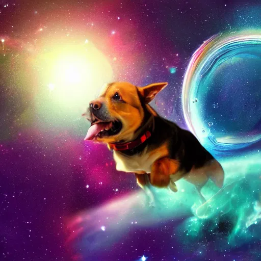 Image similar to digital painting of dog floating and pooping in space, nebula background, beautiful, hyper detailed