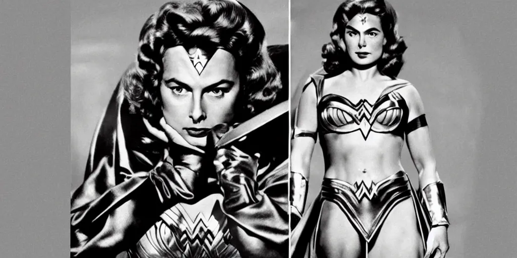 Image similar to ingrid bergman as wonder woman. colourful. 1 9 5 0 s. symmetrical. beautiful. powerful.