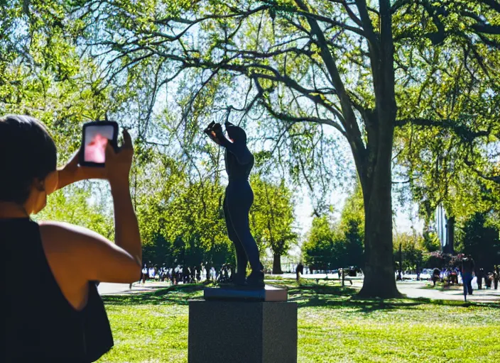 Image similar to photo still of a bronze statue of a woman using an iphone to take a selfie in a park on a bright sunny day, 8 k 8 5 mm f 1 6