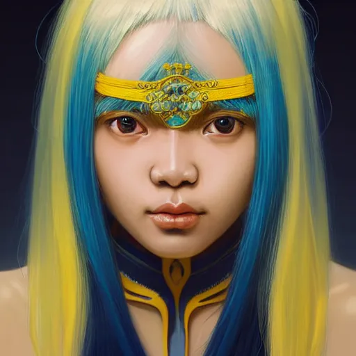 Image similar to symmetry!! portrait of a filipino cute girl blue - yellow hair, nasal strip, intricate, elegant, highly detailed, my rendition, digital painting, artstation, concept art, smooth, sharp focus, illustration, art by artgerm and greg rutkowski and alphonse mucha and uang guangjian and gil elvgren and sachin teng