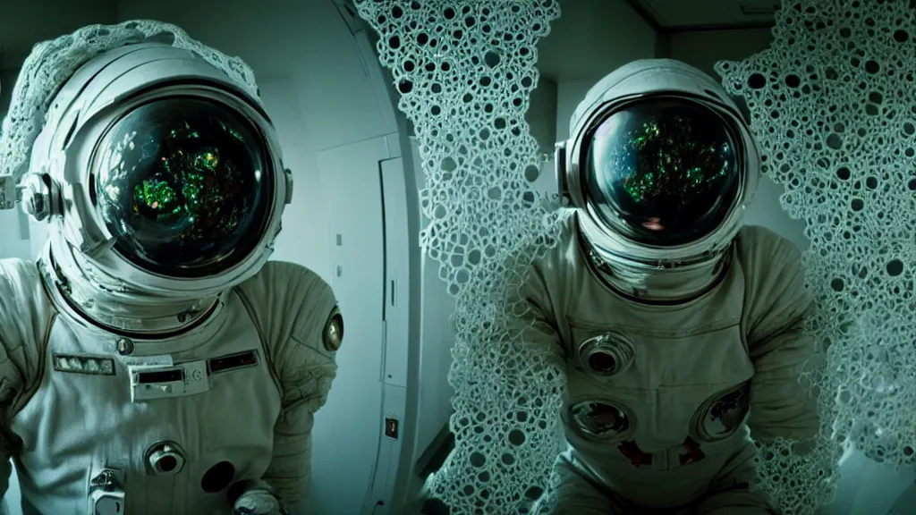 Image similar to a cybernetic symbiosis of a single astronaut eva suit infected with diamond 3d fractal lace iridescent bubble 3d skin covered with insectoid compound eye camera lenses floats through the living room, film still from the movie directed by Denis Villeneuve with art direction by Salvador Dalí, wide lens,