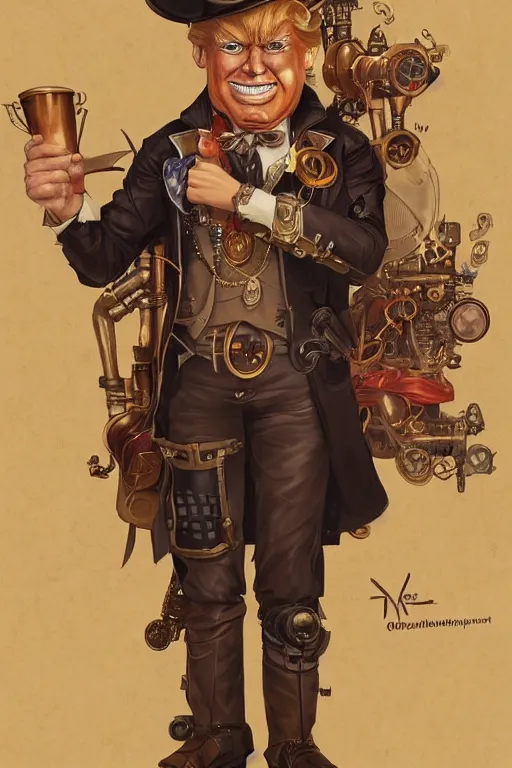 Image similar to anthropomorphic trump as steampunk half - cyborg, western, high fantasy, dnd, smooth, sharp focus, illustration, highly detailed, digital painting, artstation, concept art, by disney animation, rossdraws, alphonse mucha, frank fanzzeta, collectible card art