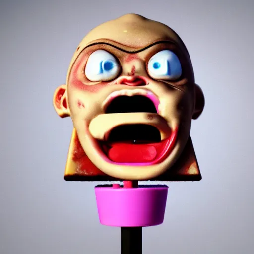 Prompt: ice cream popsicle shaped like screaming chucky doll, octane render, ultrarealistic, centered