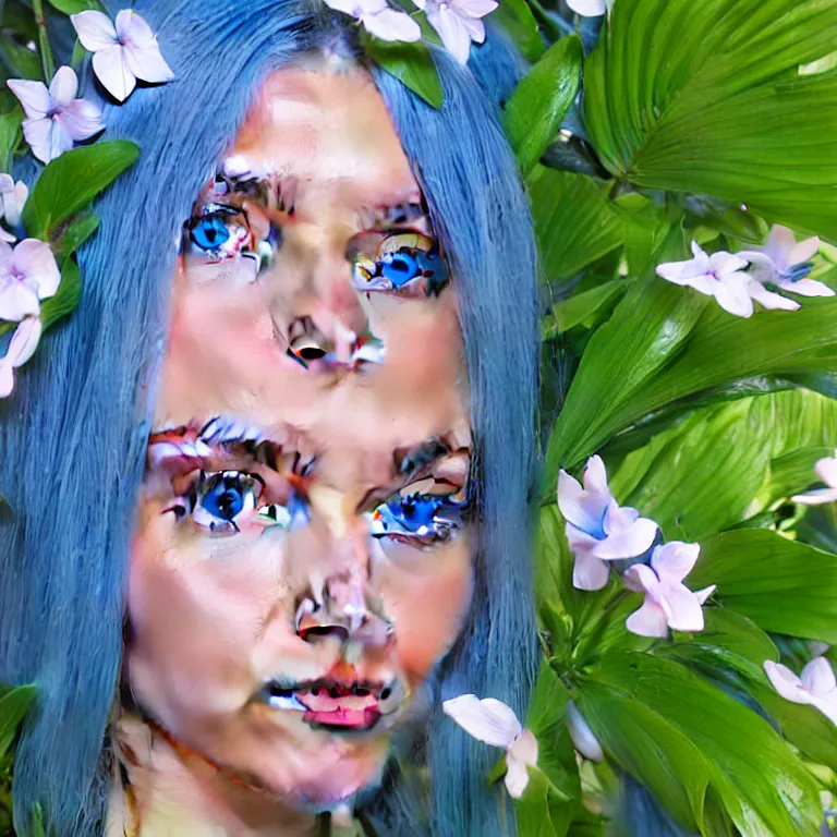 Prompt: “hyperrealistic ultra detailed unreal engine 5 RTX raytracing nvidia hairworks render of portrait of the most beutiful girl with blue eyes and white hair. She is in amazing tropical flowers. Beautiful Photo. Photorealistic”