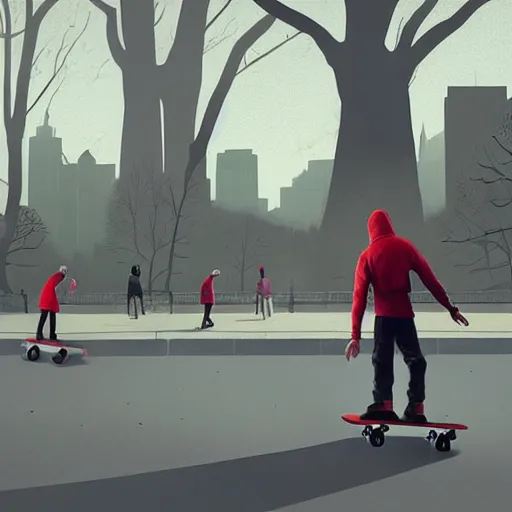 Image similar to concept art by Stan stalenhag of Agent 47 skateboarding in the central park. epic wide angle shot, cinematic lighting, photorealistic, award winning on Artstation, hyper detailed, hyper realistic.