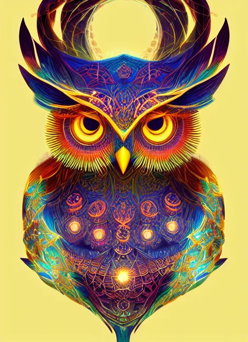 Image similar to symmetry!! product render poster vivid colors divine proportion owl, 神 圣, glowing fog intricate, elegant, highly detailed, digital painting, artstation, concept art, smooth, sharp focus, illustration,