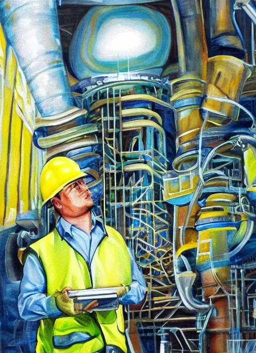 Prompt: a beautiful painting of an engineer working for an aluminium smelter, realistic face, ayahuasca