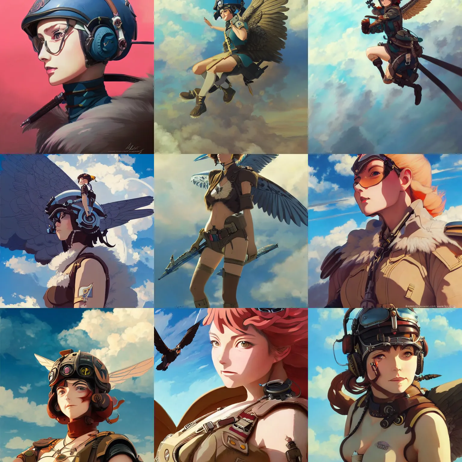 Prompt: portrait of a dieselpunk valkyrie taking flight into a vivid sky, highly detailed, digital painting, studio ghibli key visual, in the style of ilya kuvshinov and krenz cushart