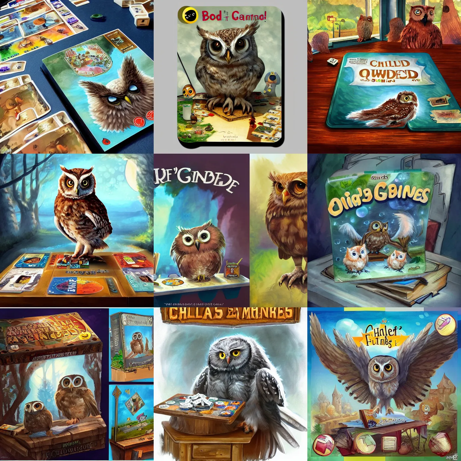 Prompt: board games on a table, with a cute fluffy baby owl, children's book, water color, digital painting, artstation, concept art, matte, sharp focus, illustration, art by Ivan Gantschev and H R Giger