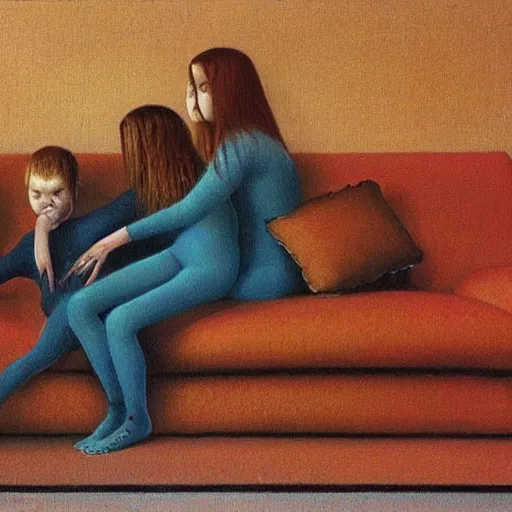 Prompt: a painting of a family sitting on a couch watching tv by Zdzisław Beksiński, award winning painting, detailed, 8k, hd