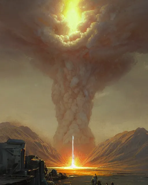 Image similar to a highly detailed epic cinematic concept art CG render digital painting artwork: Nuclear explosion. By Greg Rutkowski, in the style of Francis Bacon and Syd Mead and Norman Rockwell and Beksinski, open ceiling, highly detailed, painted by Francis Bacon and Edward Hopper, painted by James Gilleard, surrealism, airbrush, Ilya Kuvshinov, WLOP, Stanley Artgerm, very coherent, triadic color scheme, art by Takato Yamamoto and James Jean