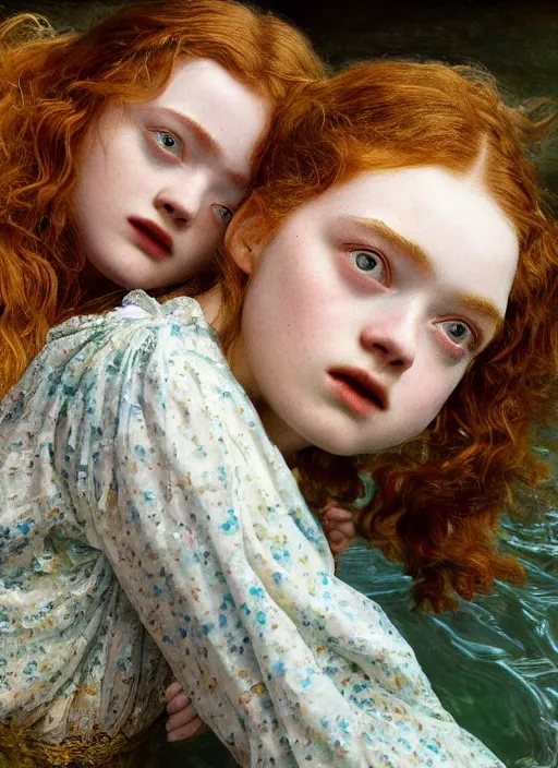 Prompt: sadie sink detailed colourful masterpiece of intricate preraphaelite photography couple portrait sat down extreme closeup, love, inside a full underwater train, detailed realistic expressions, wearing unusual clothes, by ford madox brown and william powell frith and frederic leighton and john william waterhouse and william morris, ultra wide angle