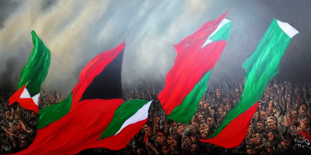 Image similar to dramatic oil painting of freedom for palestine, red green white black