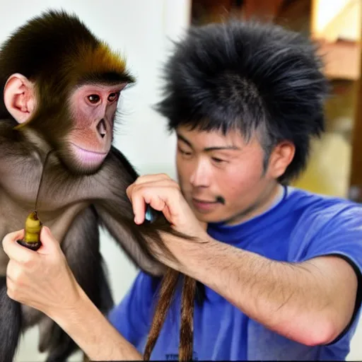 Image similar to a monkey cutting a human samurai's hair.