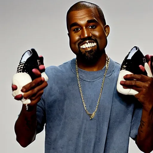 Prompt: kanye west holding a strange shoe and showing it to people