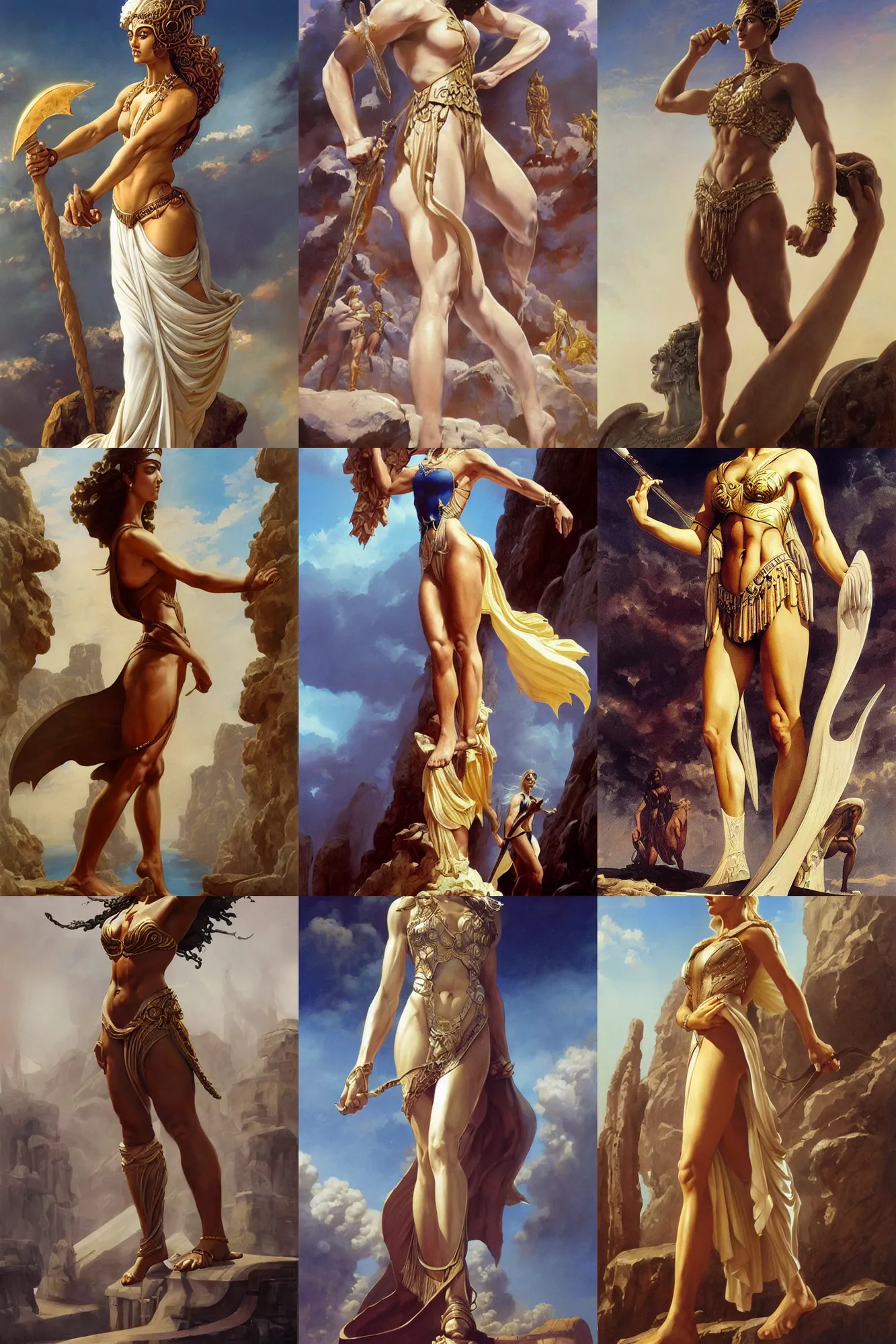 Prompt: A full length portrait of a greek goddess at the first olympic games, by Boris Vallejo, Greg Rutkowski, Frank Frazetta, epic fantasy character art, very very very beautiful, olympus, Exquisite detail, post-processing, masterpiece, cinematic, coliseum