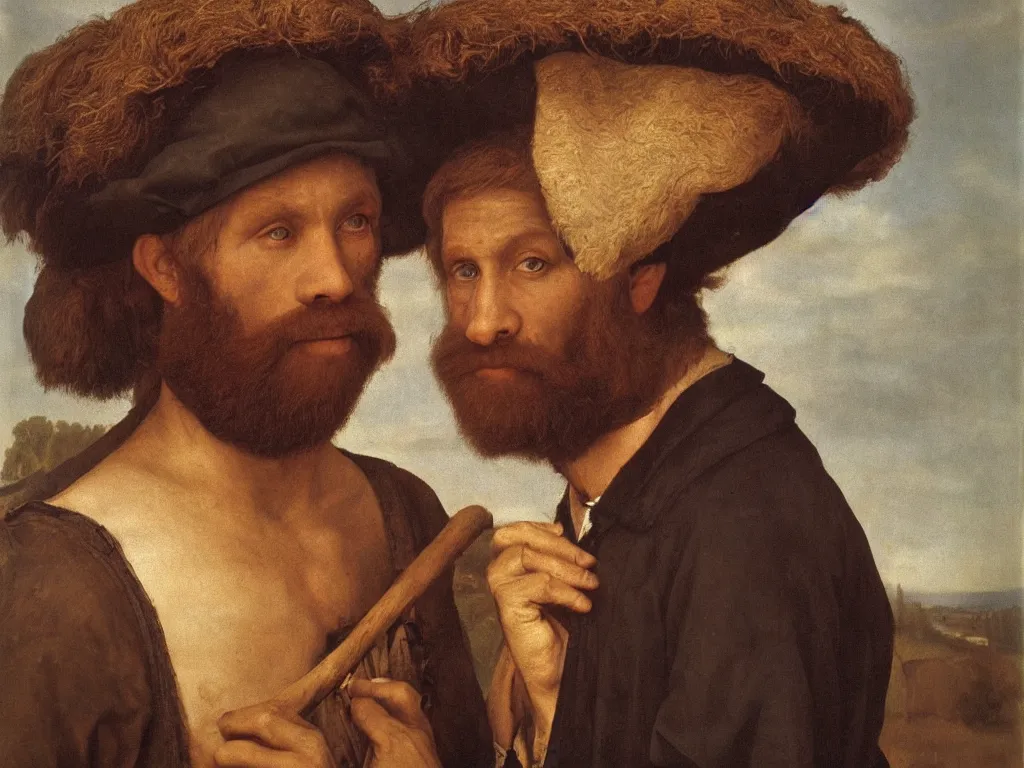 Image similar to portrait of bearded, defiant, sunburned lumberjack. Painting by Jan van Eyck, August Sander.