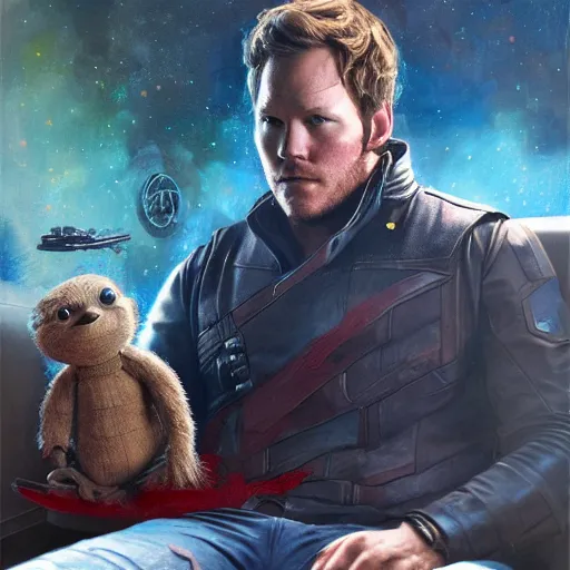 Image similar to the actor chris pratt as star lord sitting beside the doll chucky from child's play, inside a starship, oil painting, by greg rutkowski