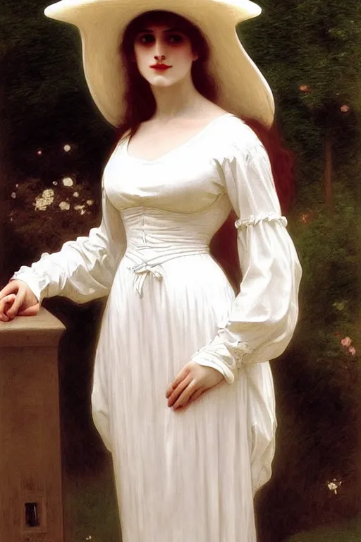 Image similar to victorian vampire in a biggest hat, white dress, painting by rossetti bouguereau, detailed art, artstation