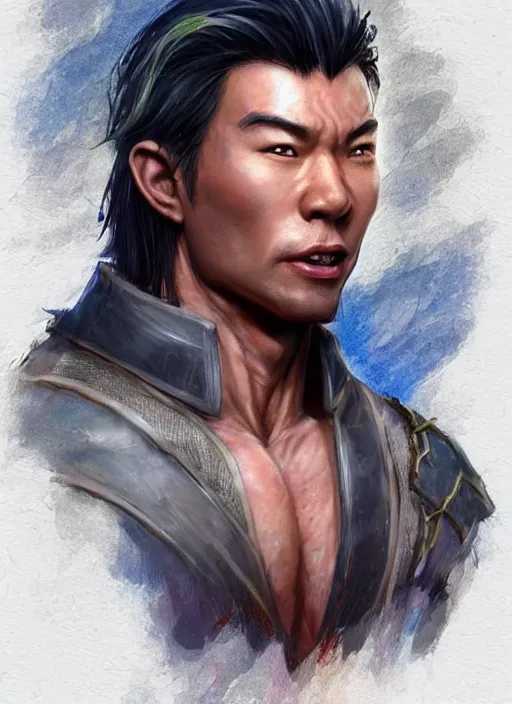 Image similar to muscly asian man mid parted hair, dndbeyond, bright, colourful, realistic, dnd character portrait, full body, pathfinder, pinterest, art by ralph horsley, dnd, rpg, lotr game design fanart by concept art, behance hd, artstation, deviantart, hdr render in unreal engine 5