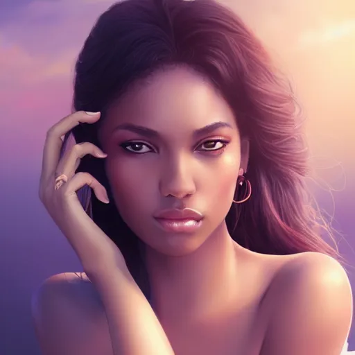 Image similar to a gorgeous female photo, professionally retouched, soft lighting, wearing sundress, illuminated by moonlight, realistic, smooth face, ebony goddess, luscious lips, perfect eyes, wide angle, sharp focus on eyes, 8 k high definition, insanely detailed, intricate, elegant, art by artgerm and wlop