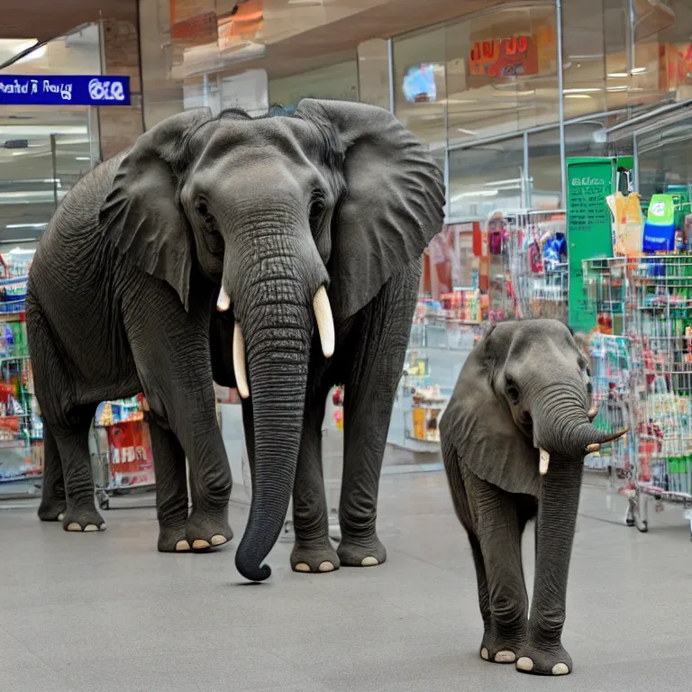 Image similar to An elephant patiently waiting in line at the supermarket