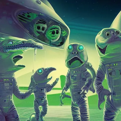 Image similar to Astronauts are having a party with green aliens and some dinosaurs on Saturn's ring, digital art, trending on Artstation,