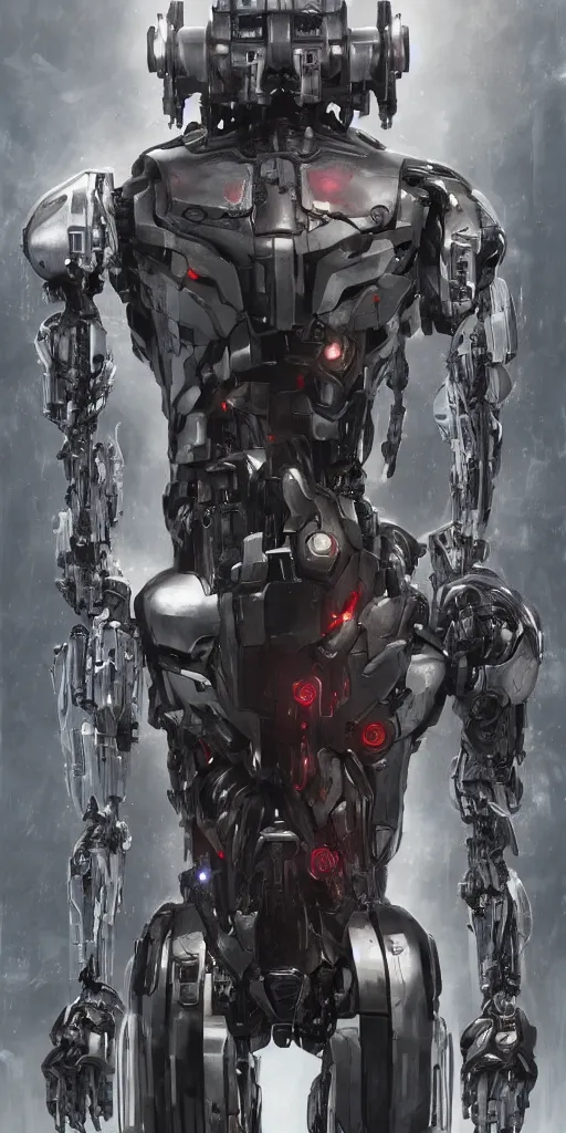 Image similar to cyborg, borg, android, strogg, face of a man, body of a robot, droid, robocop, cable, victor stone, ultron, terminator, machine, flesh, quake, doom demon, wolfenstein, monster, octane render, from an anime movie, symmetry, symmetrical, concept art by ruan jia and greg rutkowski