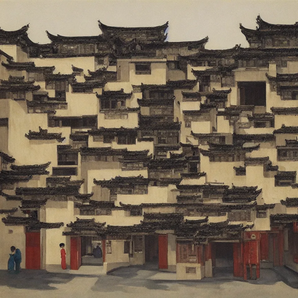 Image similar to a painting of hongcun ancient village houses by edward hopper