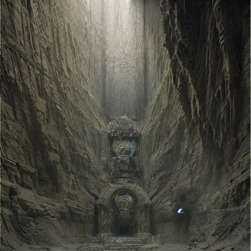 Prompt: lost and alone in a vast underground ancient stone temple by gustave dore and gustave moreau and beksinski and giger and craig mullins and jeremy _ mann