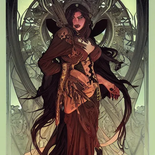 Image similar to Demon Knight of Death, by Artgerm and Greg Rutkowski and Alphonse Mucha