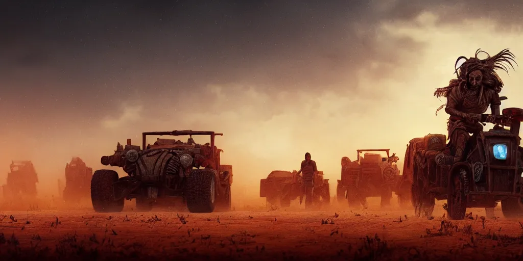 Image similar to solo ancient indian on atv, buffalo chase ,attacking, action scene, an epic fantasy, dramatic lighting, cinematic, establishing shot, extremely high detail, photorealistic, cinematic lighting, artstation, octane render, by simon stalenhag, horizon forbidden west,old photo, high speed photography, vintage, mad max