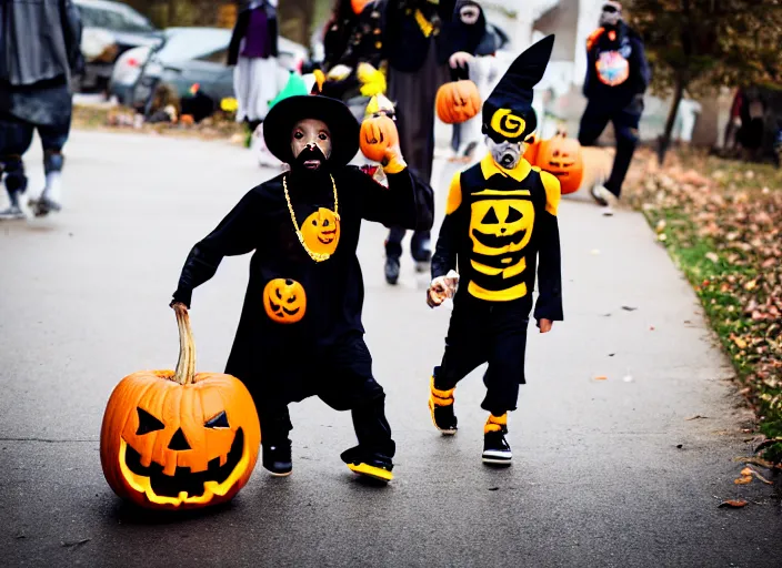 Image similar to dslr photo still of odb of wu tang clan trick or treating on halloween, 4 k, 1 2 0 mm f 1 6