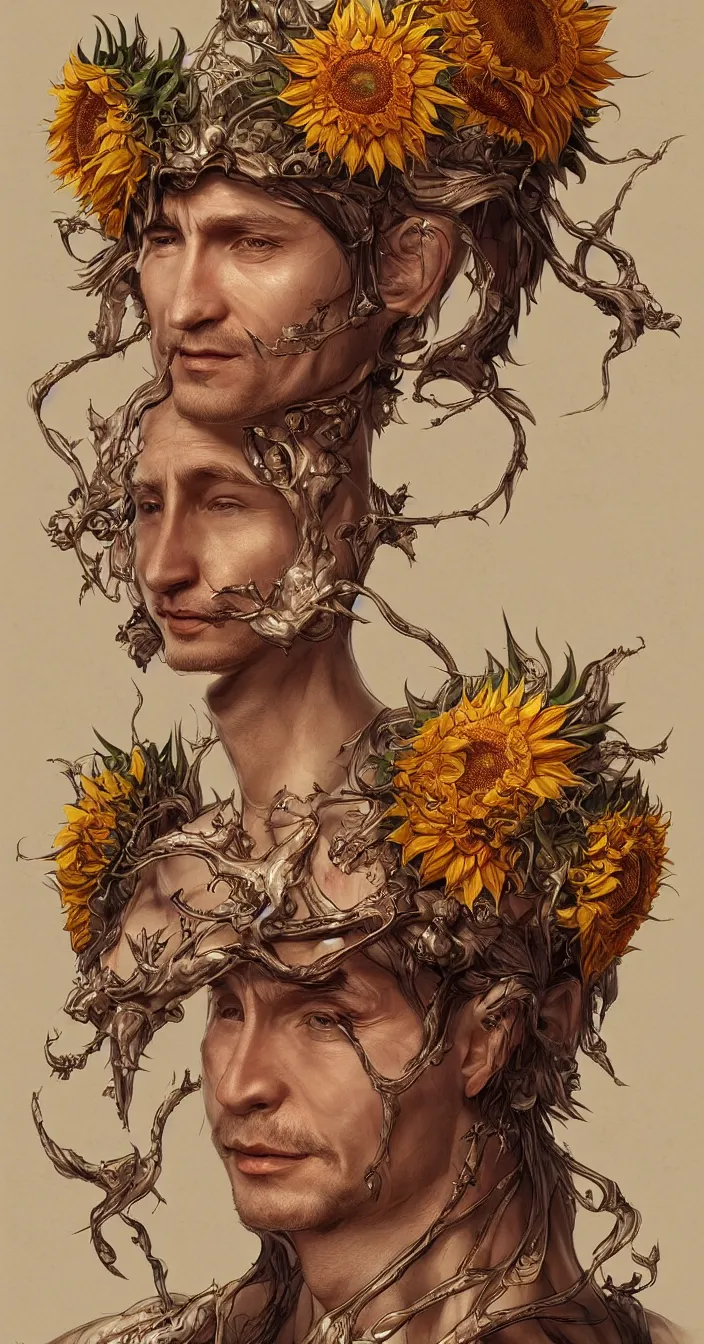 Image similar to digital art, centered full body of young any old Putin smiling king, Sunflower crown, ,intricate, veins, by James Jean and by artgerm , by ross tran ultradetailed, charachter design, concept art, trending on artstation,