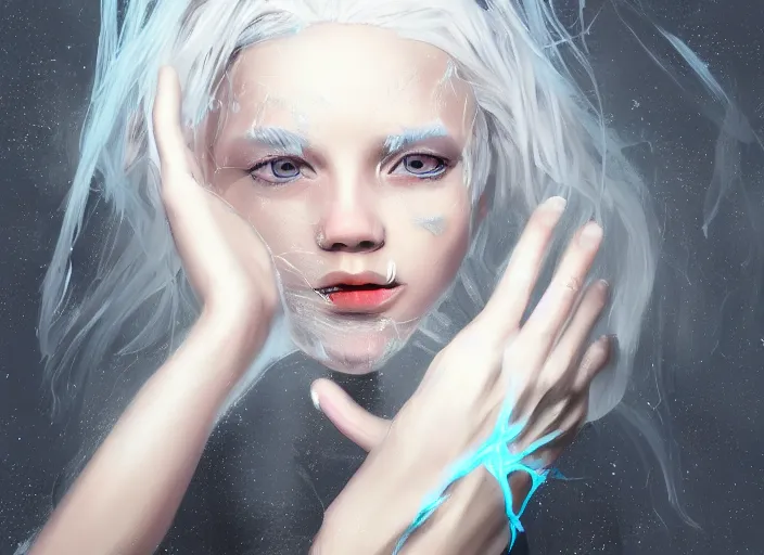 Prompt: girl with silk glowing white hair with glowing white stings coming out of her hands, concept digital art trending on artstation oilpaint