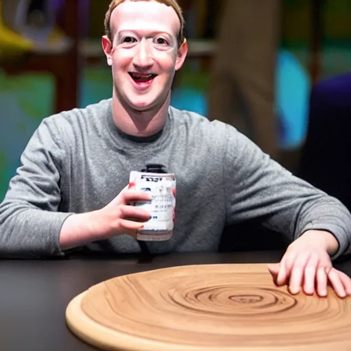 Image similar to mark zuckerberg holding a circular, wooden coaster up to the camera