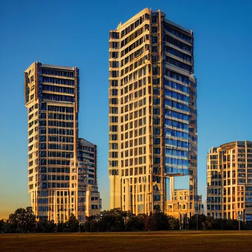 Prompt: a wide shot of a sci - fi beautiful neo - brutalist monumental multi - building structure, tall buildings with spaceship parking lots on top, with many rounded elements sprouting from the base tower creating a feel of an organic structure, photography shot at blue hour